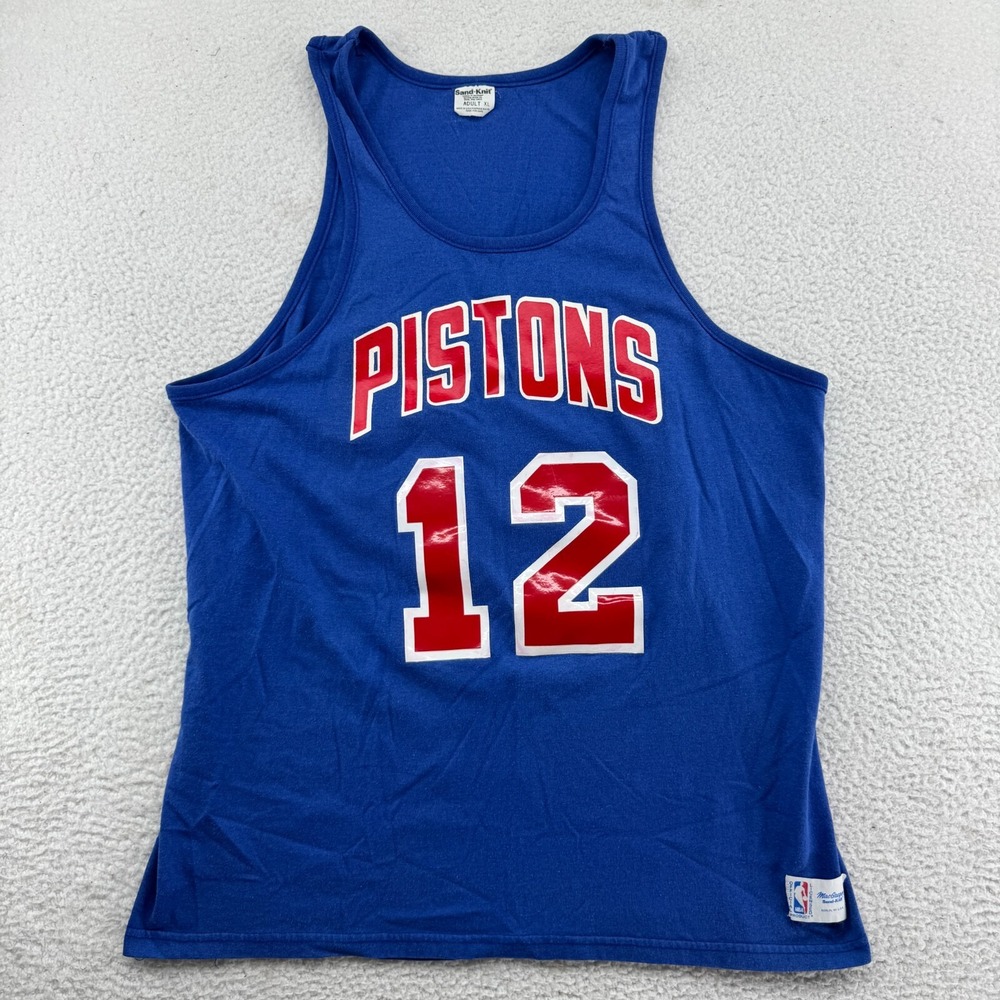 Vintage 80s Sand Knit Detroit Pistons #12 Tank Jersey Mens XL Blue NBA USA Made